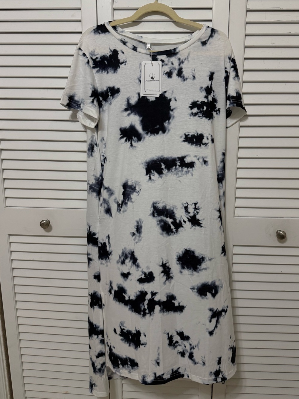 Tie-Dye Short Sleeve Midi Dress - Navy & White